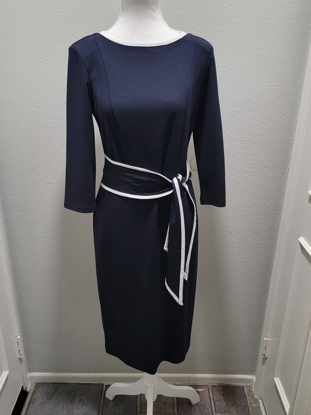 Joseph Ribkoff Navy Dress with White Trim and Tie